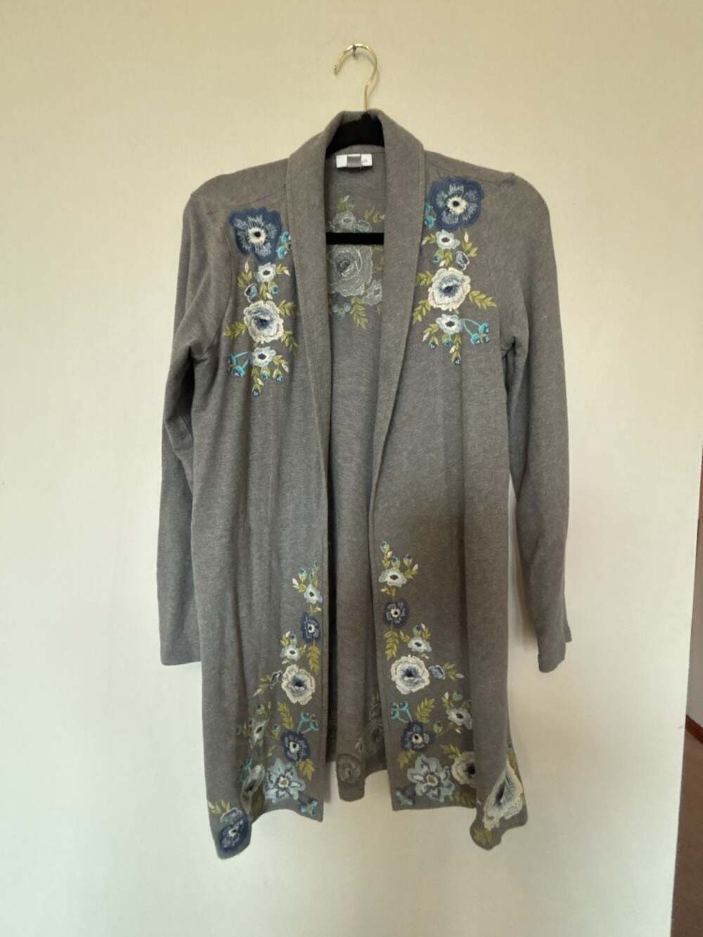 J.Jill Floral Embroidered Cardigan Size XS Gray Open Front Sweater